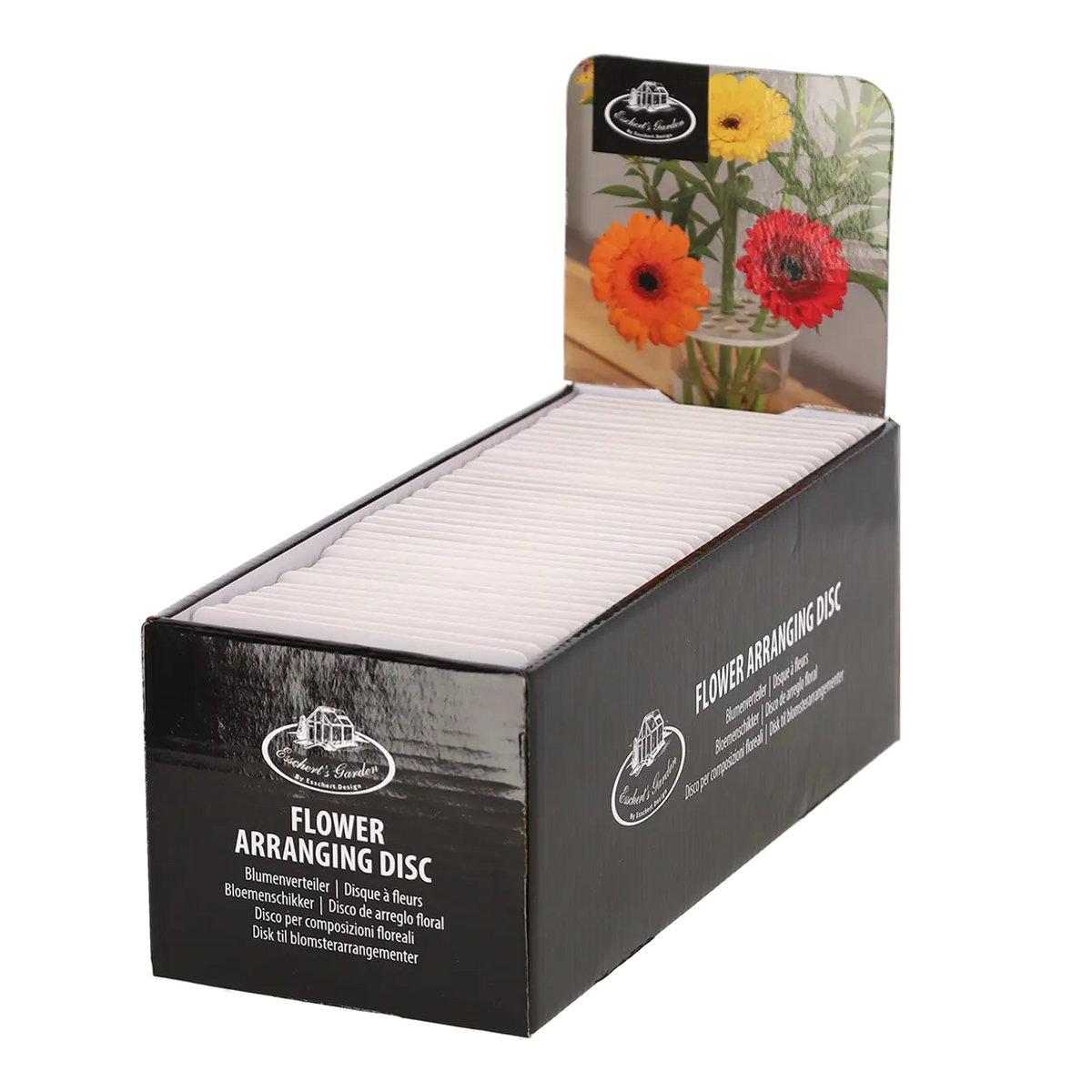Display box with multiple white Esschert Flower Arranging Discs and a floral arrangement image on the back panel