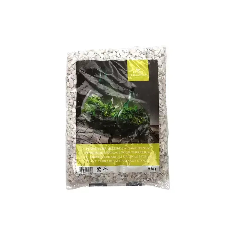 5kg bag of white plant terrarium drainage stones with label showing terrarium bottles and green plants