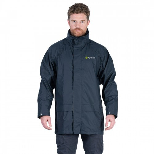 Agrishield All Weather Jacket navy, waterproof, windproof, chemical resistant, lightweight with pack-away hood – Keans