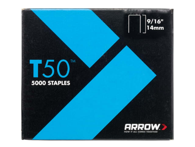 Box of Arrow T50 staples with blue geometric design, labeled 9/16 inch (14mm), pack of 5000.