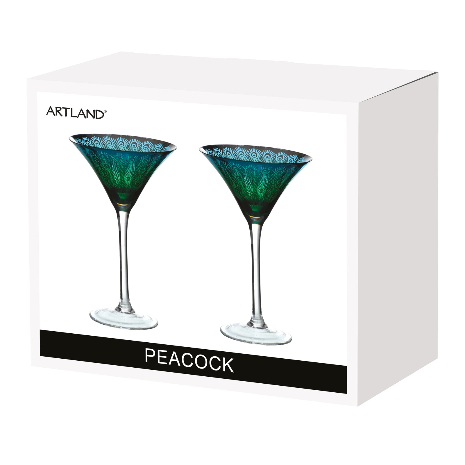 Set of 2 Peacock Cocktail Martini Glasses