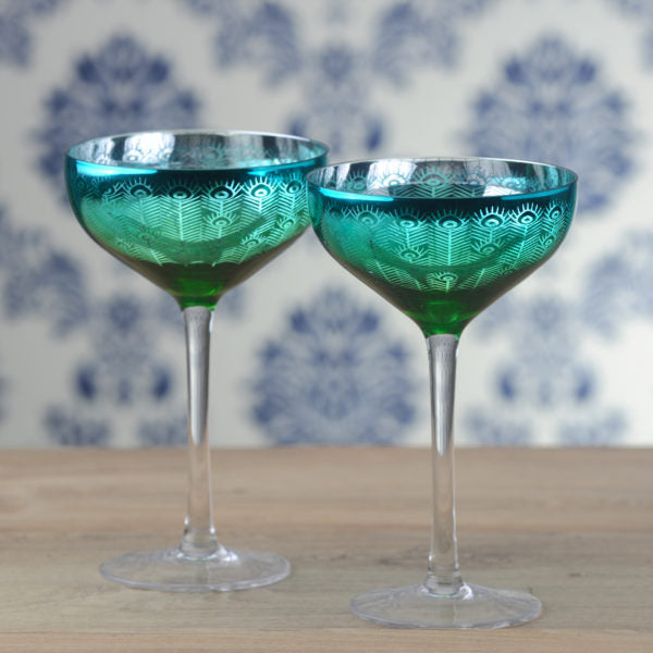 Set of 2 Peacock Champagne Saucers with elegant design - Keans Claremorris