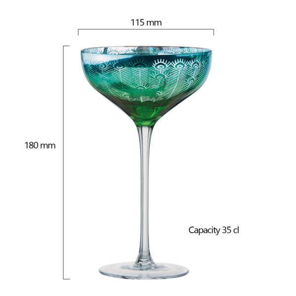 Set of 2 Peacock Champagne Saucers with elegant design – Keans Claremorris exclusive glassware set
