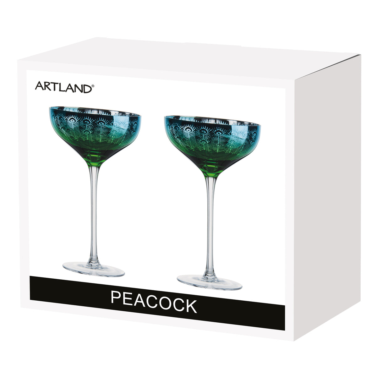 Set of 2 Peacock Champagne Saucers with intricate design, elegant glassware by Keans Claremorris