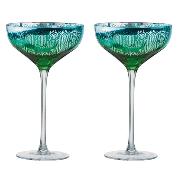 Set of 2 mouth-blown peacock feather champagne saucers, electro-plated glass with turquoise to metallic blue finish – Keans