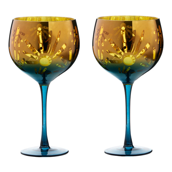 Set of 2 hand-blown Fiesta gin glasses with mirrored amber and blue finish, decorative pattern, 70cl – Keans Claremorris