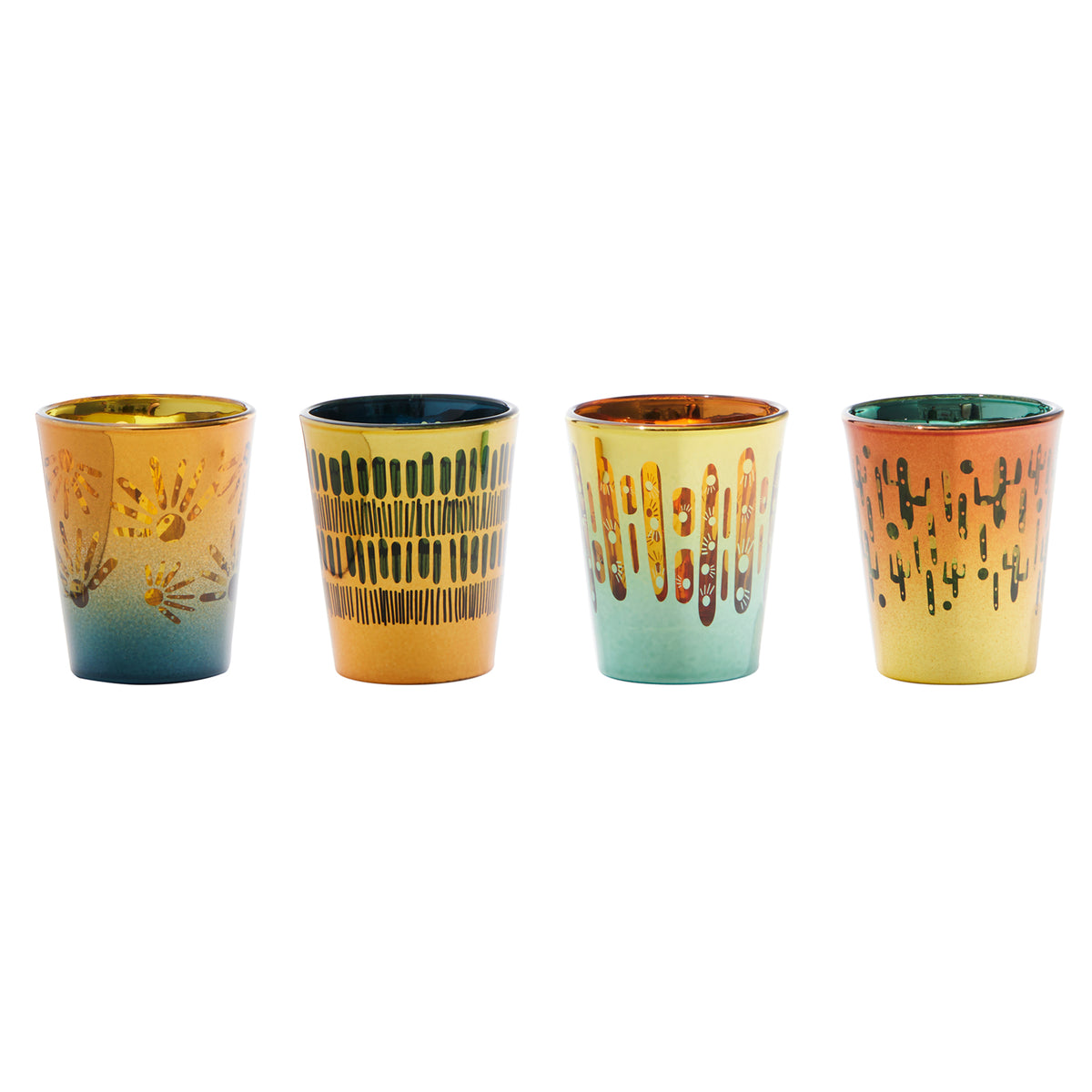 Set of 4 mouth-blown Fiesta shot glasses with mirrored amber and blue finish, decorative pattern, 5cl capacity – Keans