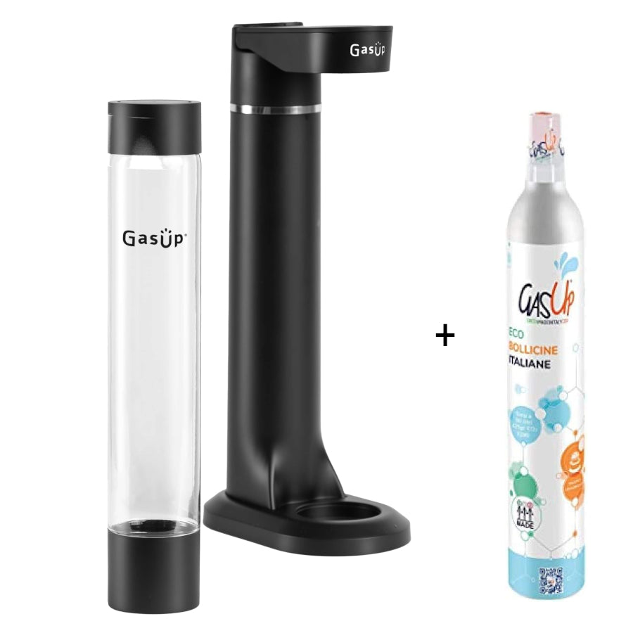 GasUp Quokka black carbonator with reusable bottle and refillable CO₂ cylinder on white background