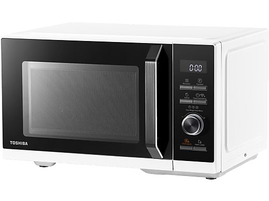 Toshiba 23L white microwave with black door, digital display, control dial, and buttons on right side.
