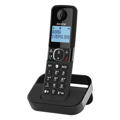 Alcatel F860 black cordless phone on base, backlit screen showing caller ID and keypad with call block keys.