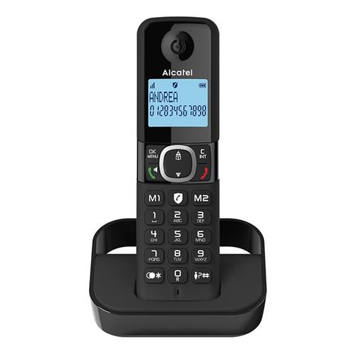 Alcatel F860 cordless phone in black on its charging base with caller ID displayed on screen