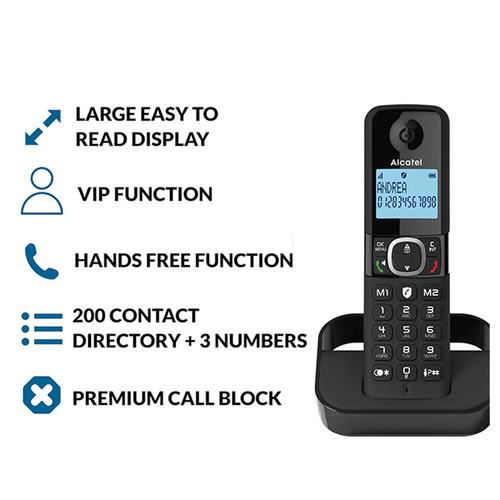 Alcatel F860 cordless phone in black on its base, showing caller ID on screen and keypad details.