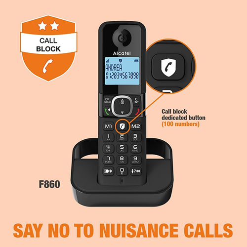 Alcatel F860 cordless phone on base showing call block button and screen with caller ID.