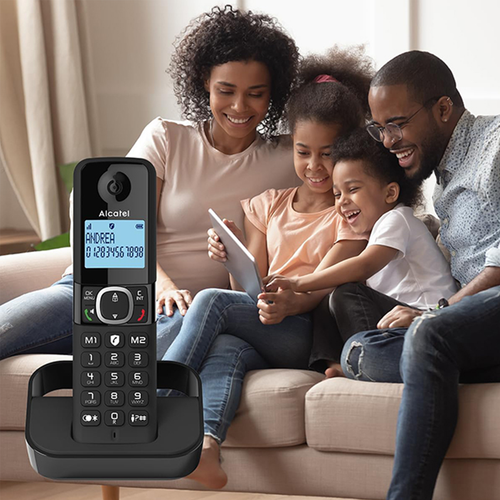 Alcatel F860 cordless phone with call block feature on charging base, screen showing caller ID.