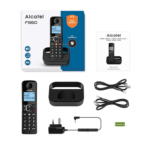Alcatel F860 cordless phone with call block, base station, power adapter, two cables, batteries, manual, and packaging box.