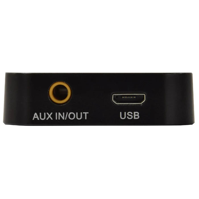 Close-up of Bluetooth Audio Transmitter & Receiver showing AUX IN/OUT and USB ports on black casing.