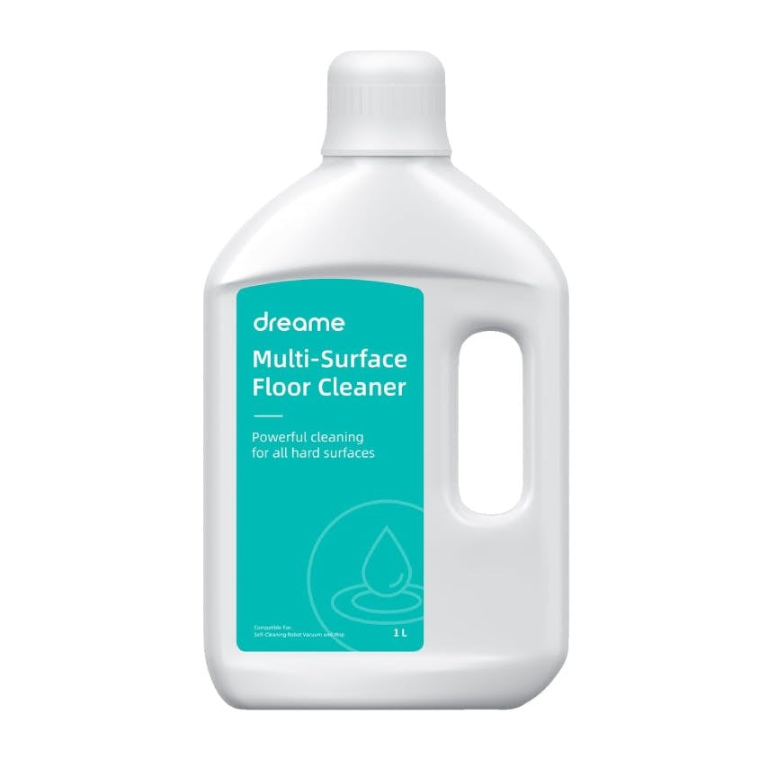 White 1L plastic bottle of Dreame Multi-Surface Floor Cleaner with teal label and built-in handle.