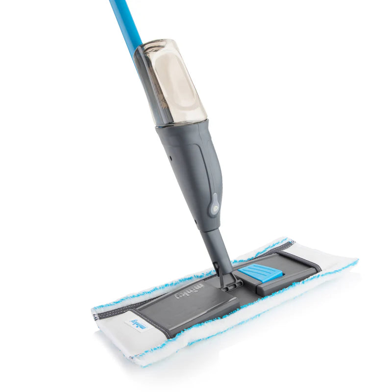 Minky 4 in 1 Spray Mop with blue handle, gray spray trigger, and white triple action cleaning pad on white background