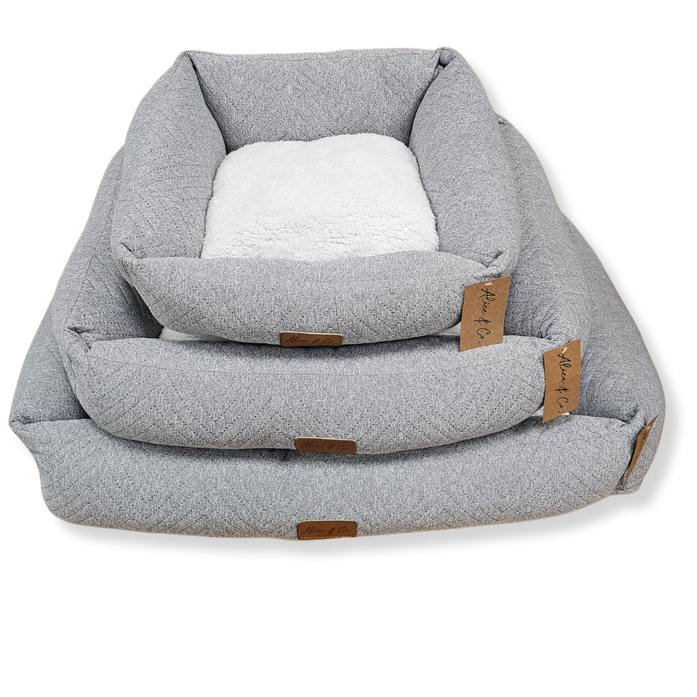 Alfie High Back Large Dog Bed in grey with white faux sherpa, plush, durable, supportive cushion by Keans Claremorris