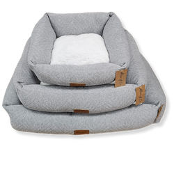 Alfie High Back Large Dog Bed in grey with white faux sherpa, plush, durable, supportive cushion by Keans Claremorris