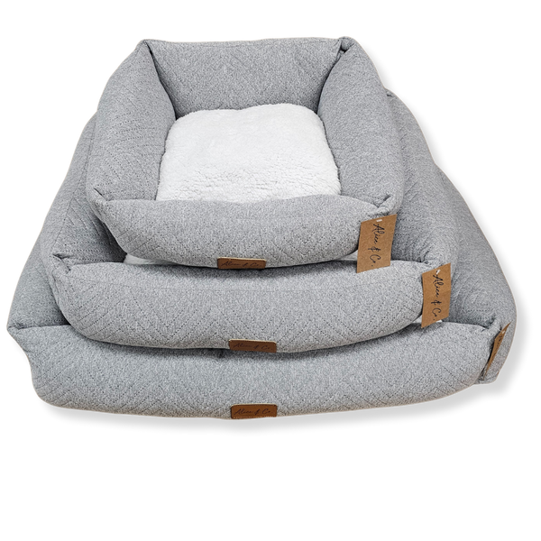 Alfie High Back Large Dog Bed in grey with white faux sherpa, plush, durable, supportive cushion by Keans Claremorris