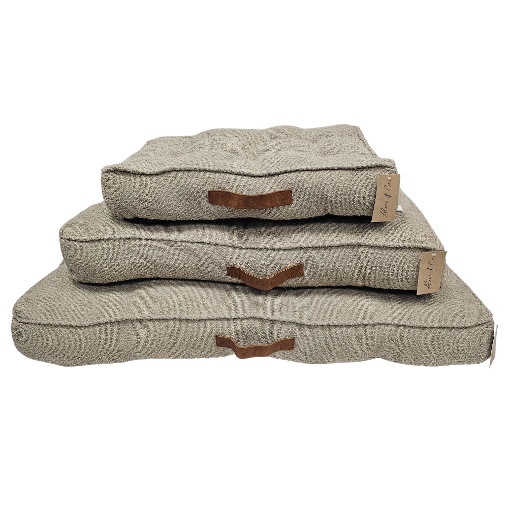 Beige Duke Cushion large dog bed, plush boucle fabric, non-slip base, supportive fill, durable comfort by Keans Claremorris