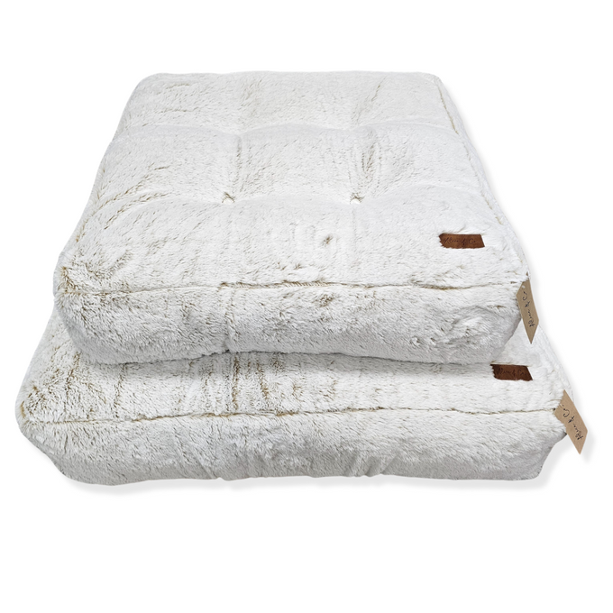 Pippa Cushion Medium in cream faux mink with light green faux leather base, plush, non-slip dog bed by Keans Claremorris