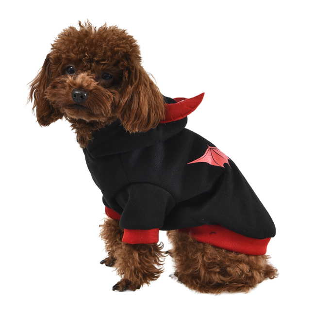 Black Devil Hoodie dog costume with red wings and horns, soft breathable fabric, available in multiple sizes – Keans