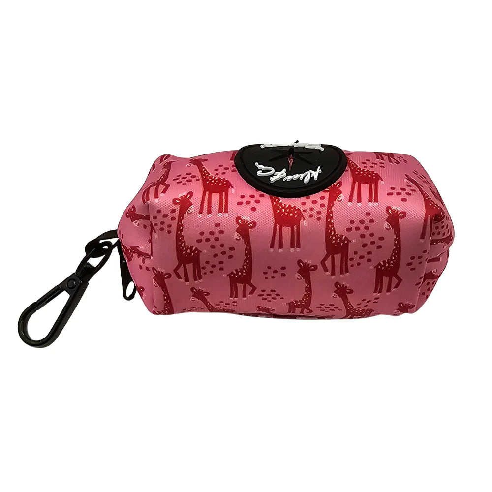 Alice & Co Safari Poop Bag Holder with pink red giraffe print, durable, attaches to leash or belt – Keans Claremorris
