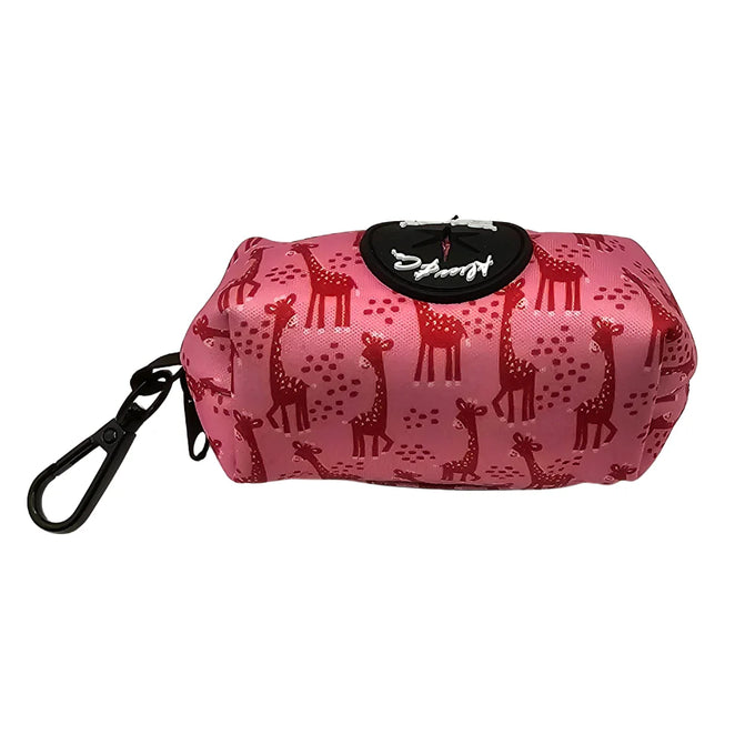 Alice & Co Safari Poop Bag Holder with pink red giraffe print, durable, attaches to leash or belt – Keans Claremorris
