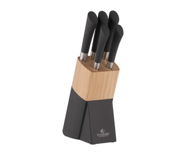 Allure 6 Piece Knife Block Set with dark handles and wooden block, includes chef, bread, carving, utility, paring knives –