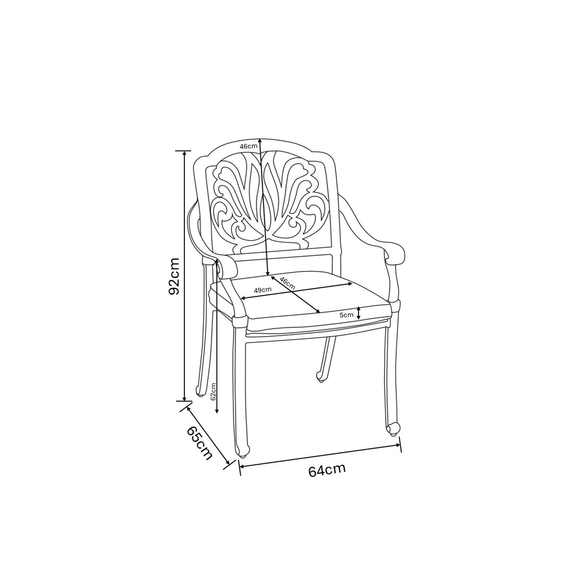 Line drawing of a dining chair with decorative backrest and seat cushion, showing dimensions in centimeters.