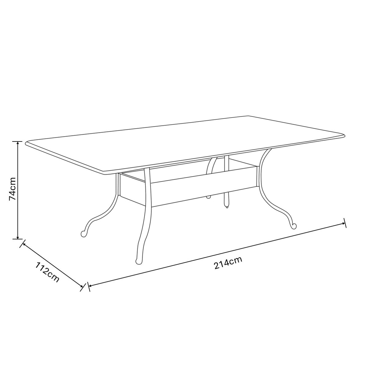 Line drawing of Amalfi 8 seat rectangular dining table with curved legs and support beam, dimensions shown.