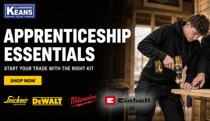 Promotional banner for Keens Apprenticeship Essentials featuring two men in a workshop using cordless power tools, with Keens branding and tool logos including Snickster, DeWalt, Milwaukee, and Einhell.