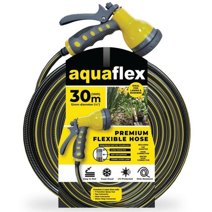 Aquaflex Premium 30m knitted garden hose with 7-function spray head and fittings – durable textile-reinforced, Keans