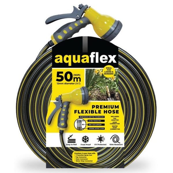 Aquaflex Premium 50m knitted garden hose with 7-function spray head, durable, kink-free – Keans Claremorris
