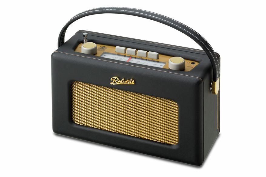 Roberts R260BK Revival Radio in black with gold speaker grille and top control knobs, angled view with handle raised