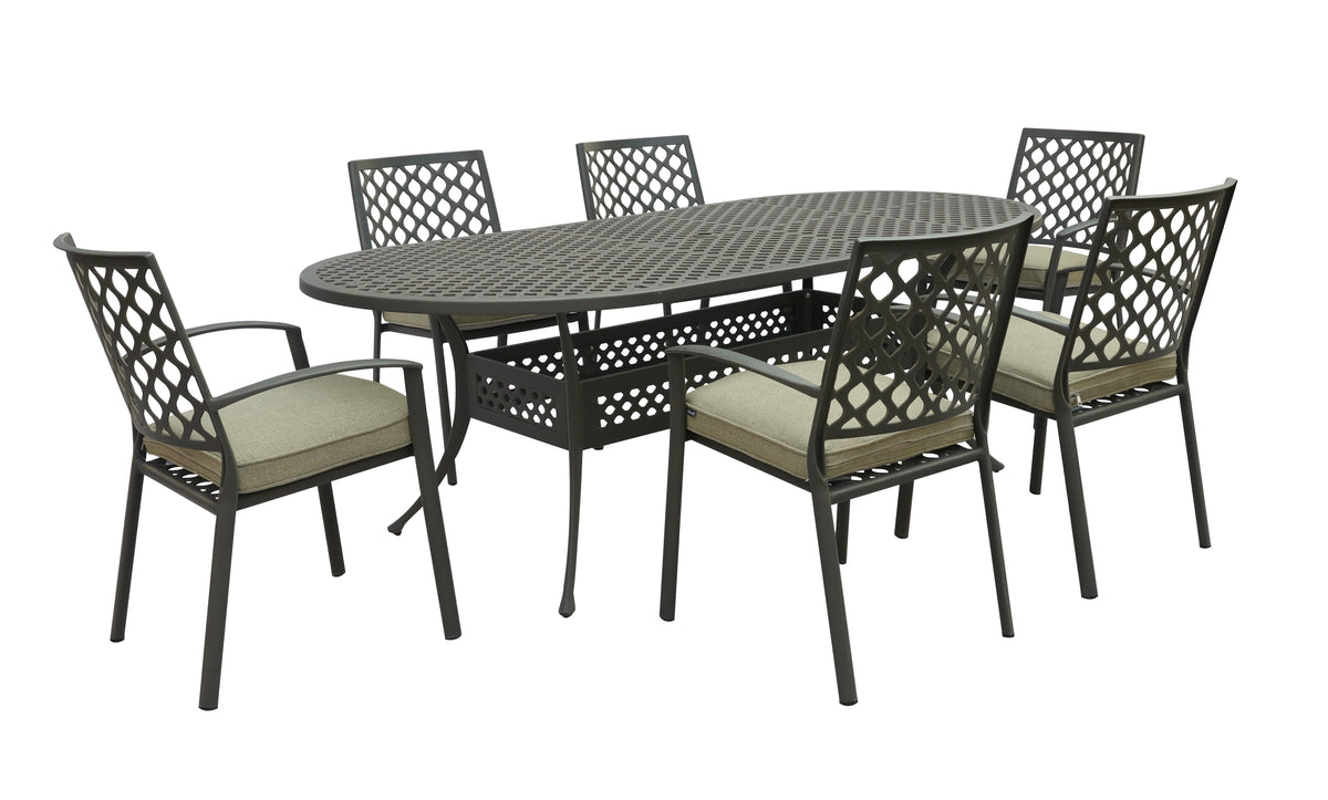Avebury 6 seat oval outdoor dining table set with lattice metal design and beige seat cushions.