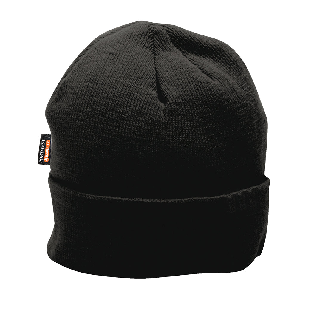 Black Insulatex Knit Cap with folded cuff and small branded tag on the side, shown against white background.