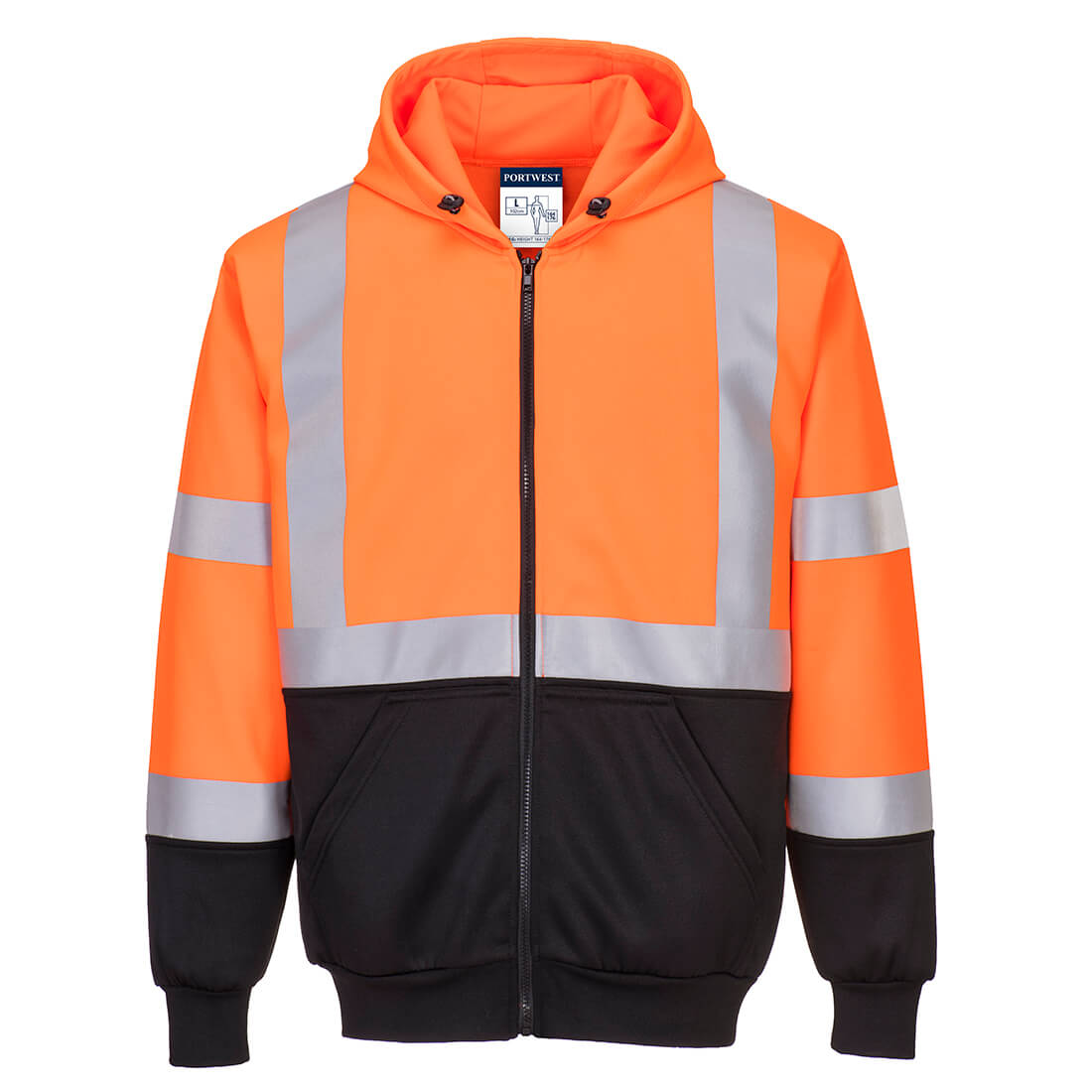 Hi-Vis orange and black zipped hoodie with reflective tape, front pockets, and adjustable hood.