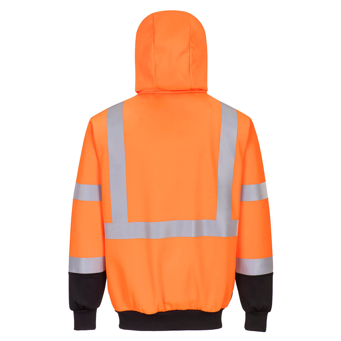Back view of a hi-vis orange zipped hoodie with reflective silver stripes and black cuffs and waistband.