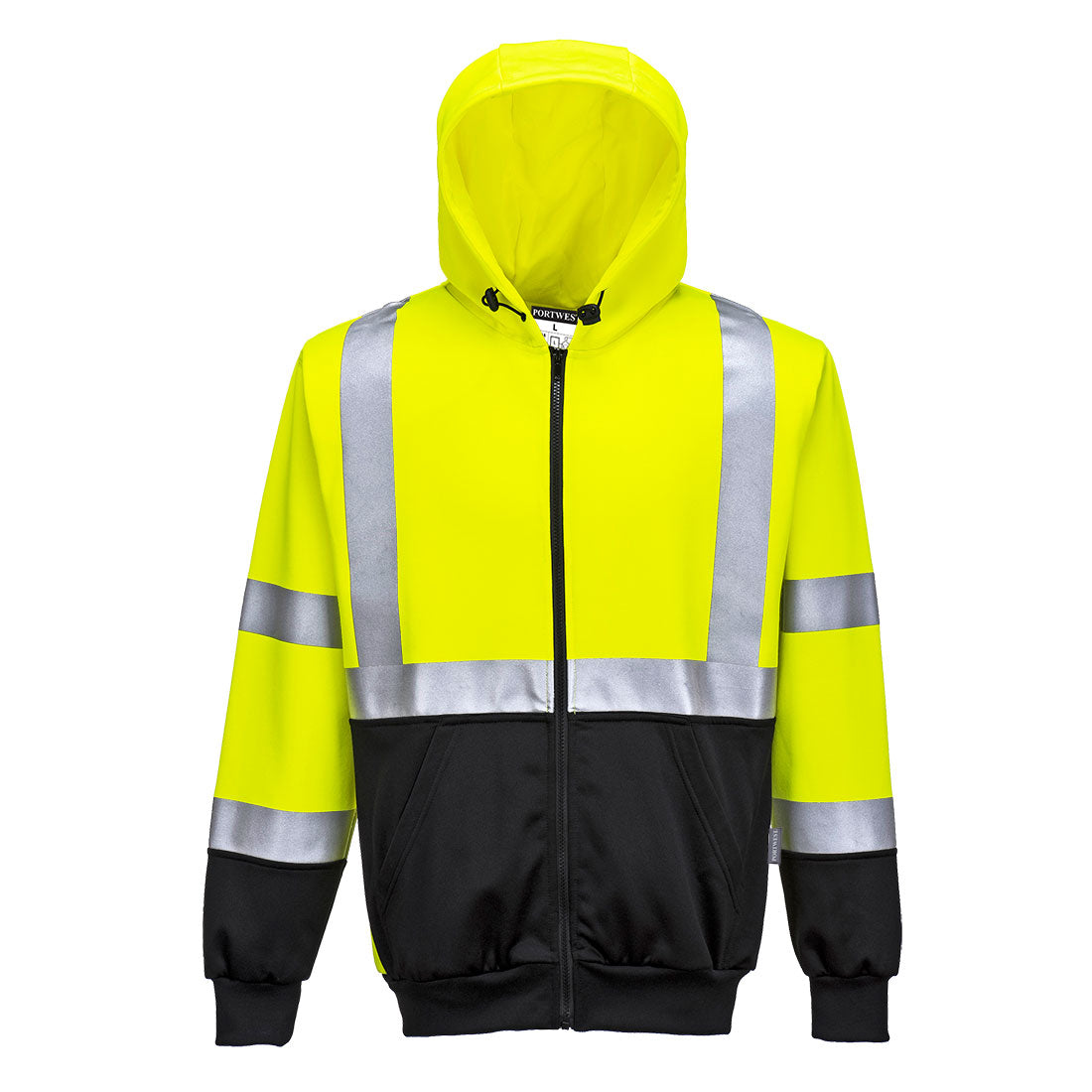 Hi-Vis yellow and black zipped hoodie with reflective tape, hood, and front pockets, shown front view.