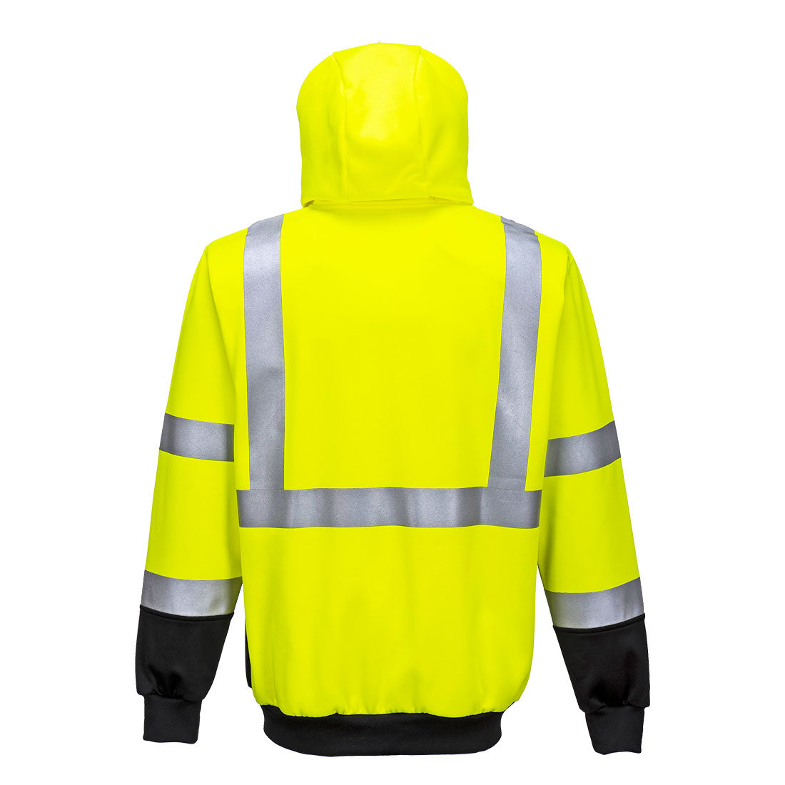 Hi-vis yellow zipped hoodie with reflective silver stripes and black cuffs, shown from the back.