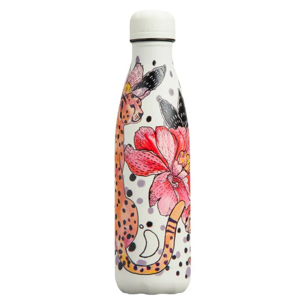 Chilly's 500ml Tropical Cheetah Jungle reusable water bottle, stainless steel, leak-proof, keeps drinks hot 12h cold 24h –