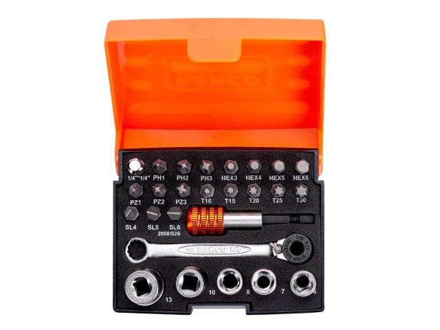 Open Bahco 2058 ratchet socket set showing bits, sockets, reversible ratchet, and bit holder in orange case.