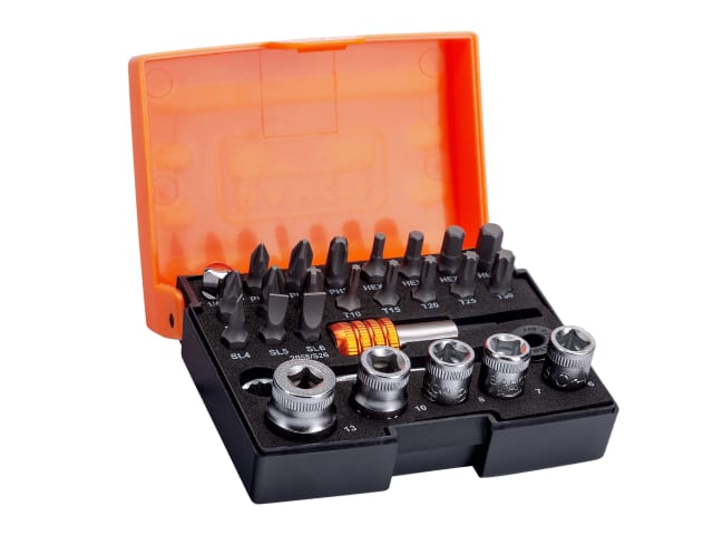 Bahco 2058 Ratchet Socket Set 1/4 with multiple sockets and bits in a black case with an open orange lid