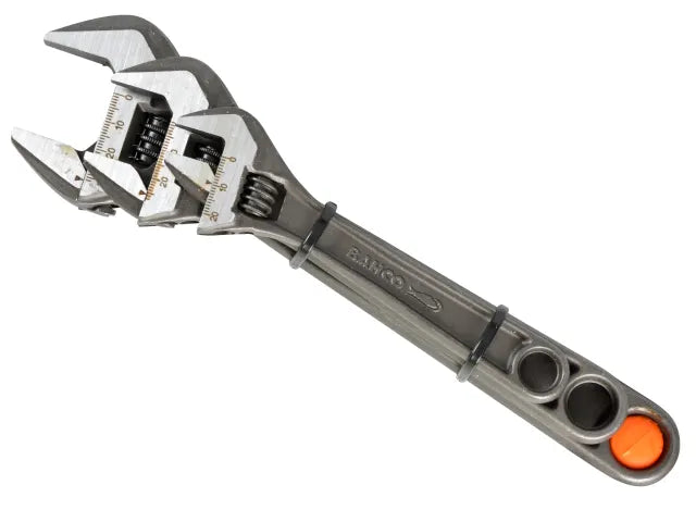 Three Bahco adjustable wrenches in different sizes stacked together with gray handles and orange detail.