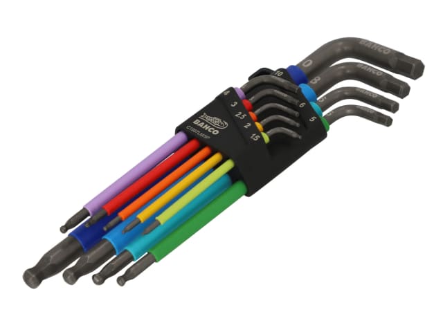 Bahco 9-piece metric long ball-end hex key set with colour-coded soft grips in a black holder.
