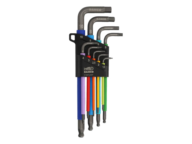 Bahco 9-piece metric long ball end hex key set with colored handles in a black holder.