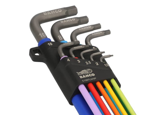 Bahco C1997LM/9P 9-piece metric long ball end hex key set with colored handles in black holder.